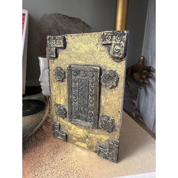 Vintage Gold Gilt Book-Shaped Trinket Box paper mache miniature ornate 4.5x3” - Picture 1 of 16